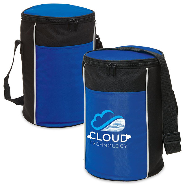 A drink bottle cooler in black and blue, featuring a shoulder strap and a logo on the front.