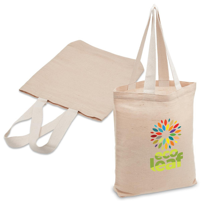 A natural-coloured tote bag with two handles and a logo on the front.
