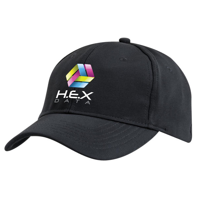 A black cap featuring a logo on the front. The cap has a curved brim and a classic design.