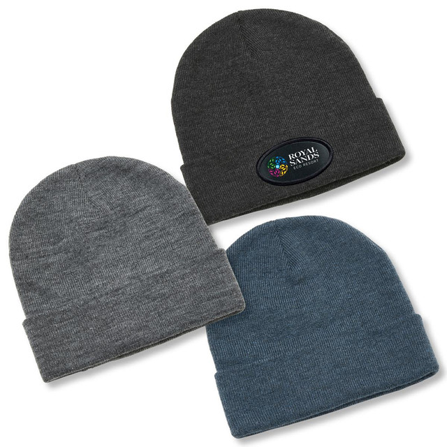 Three beanies in dark grey, light grey, and blue, featuring one with a logo.