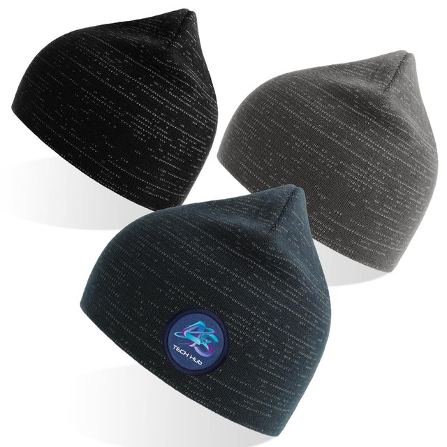 A collection of three knitted beanies in black, grey, and dark teal, featuring a logo on one.
