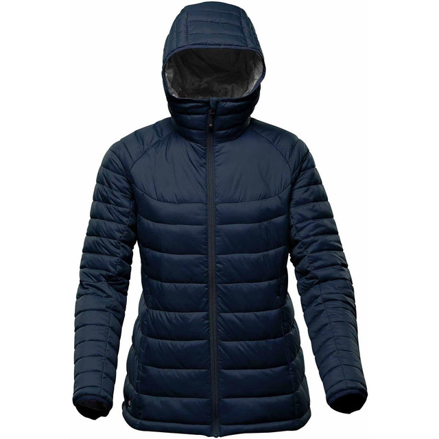 A women's thermal jacket in navy blue with a hood, featuring a quilted design and a front zipper.
