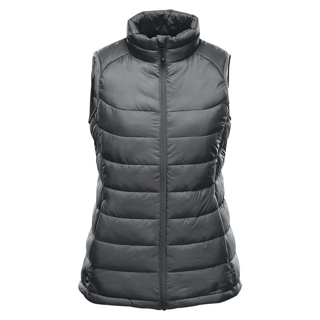 A dark green thermal vest with a high collar and zip closure, featuring a quilted design and sleeveless style.