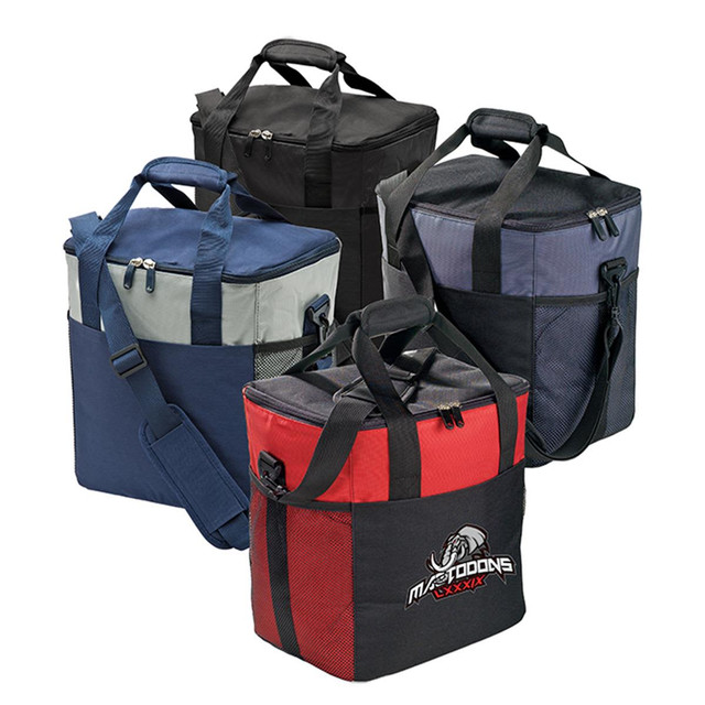 A large cooler bag in various colours, including navy, grey, black, and red, featuring multiple handles and a logo.