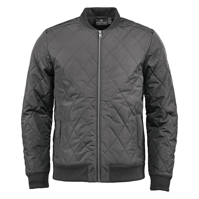 A men's thermal jacket in dark grey with a quilted design and a front zip closure. It has a logo on it.
