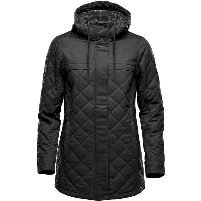 A women's black Bushwick quilted puffer jacket with a hood and diamond stitching design. Features a logo on the jacket.