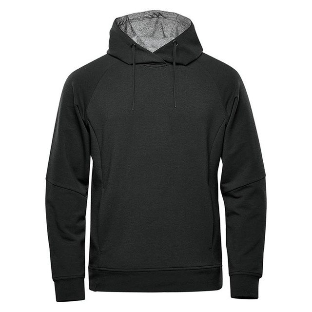 A dark green men's hoody with a drawstring hood and raglan sleeves, featuring a logo.