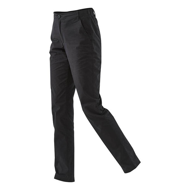 A pair of black track pants with a smooth texture and front pockets, featuring a logo.