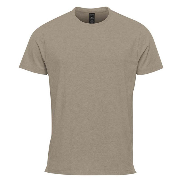 A khaki short sleeve tee with a round neckline and a logo on the tag. Ideal for casual wear.