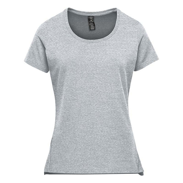 A light grey women's performance short sleeve tee featuring a scoop neckline and a logo.