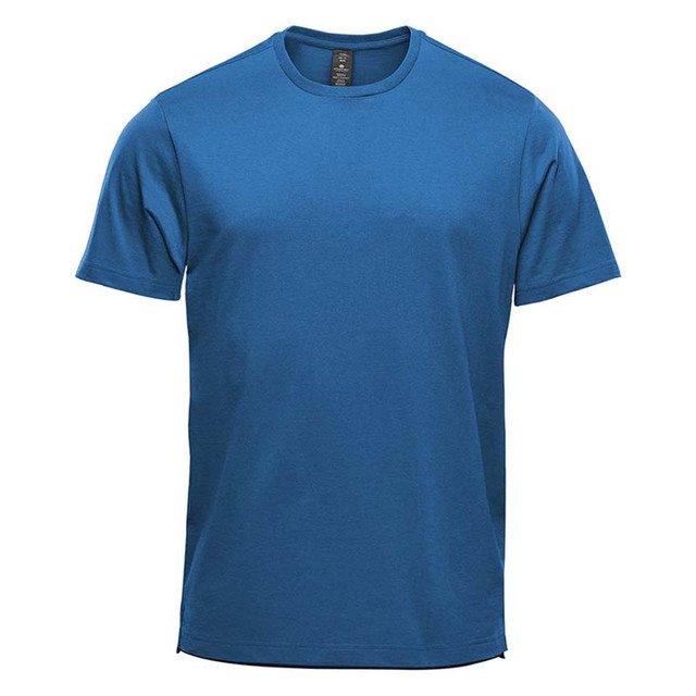 A blue short sleeve t-shirt featuring a logo on the label. Fabric is smooth and casual in style.