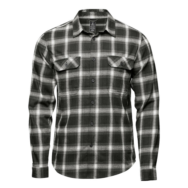 A long-sleeve button-up shirt in green and white plaid with chest pockets and a logo.