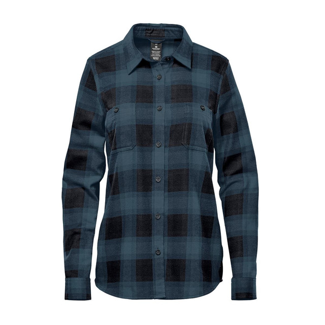 A button-up shirt featuring a dark green and black plaid pattern, with long sleeves and a chest pocket.