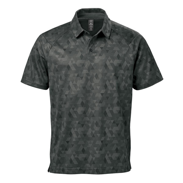 A men's polo shirt in a dark green geometric pattern with a collar and short sleeves, featuring a logo.