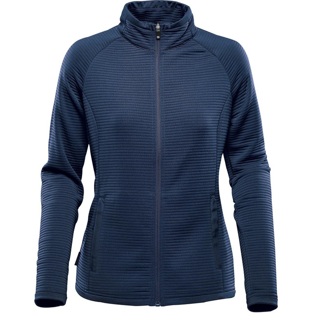 A women's jacket in navy blue with a textured design, featuring a zip front and side pockets, branded logo included.