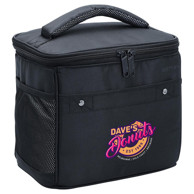 A black cooler bag featuring a zippered top, handle, and branding on the front.