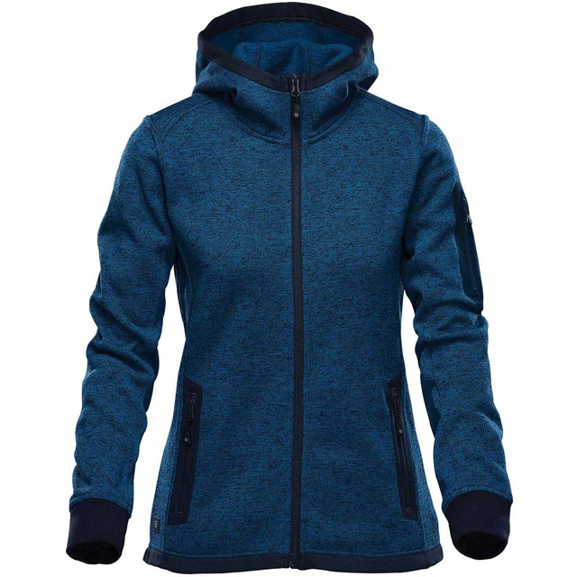 A blue knit hoody with a zip front, featuring a hood and pockets, along with a logo on one sleeve.