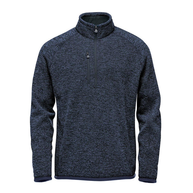 A navy blue pullover jumper with a quarter zip, featuring a chest pocket and textured fabric.