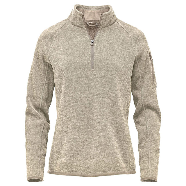 A light beige women's 1/4 zip pullover jumper with a zippered collar and a sleeve pocket. Features a branding logo.