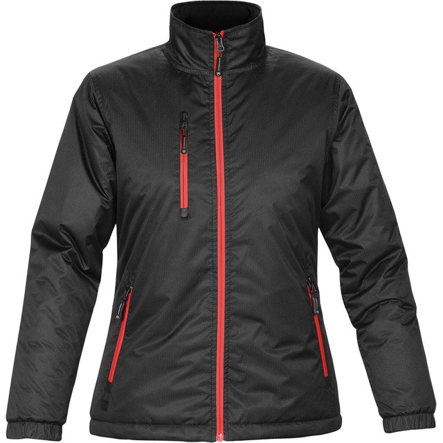 A women's thermal jacket in black with red accents, featuring a zip front and multiple zippered pockets.