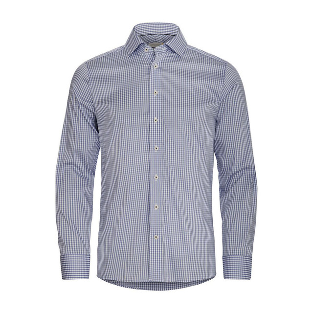 A button-up shirt featuring a blue and white check pattern with a collar and long sleeves. It has a logo on it.