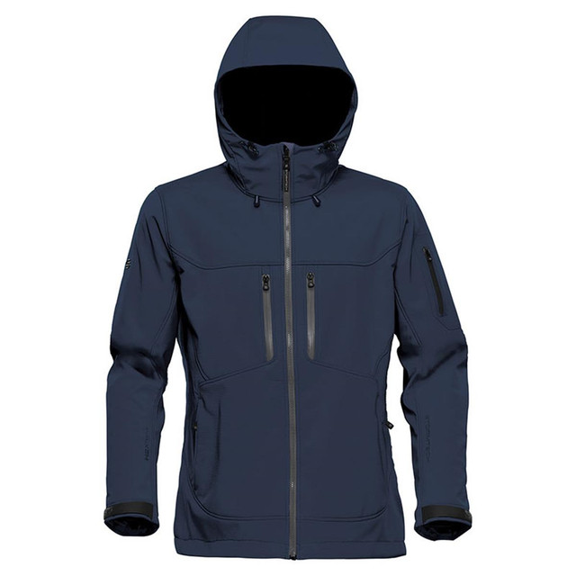 A navy softshell jacket with a hood, featuring multiple zippered pockets and a logo.