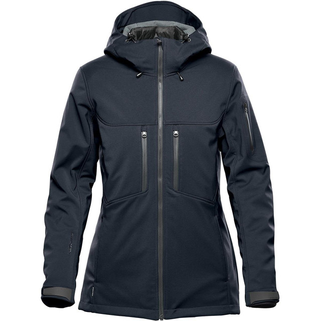 A dark grey women's jacket with a hood, featuring zippered pockets and a sleek design. It includes a logo on one sleeve.
