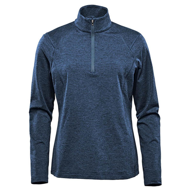 A women's 1/4 zip pullover in a dark blue colour, featuring long sleeves and a collar. It has a logo on the front.