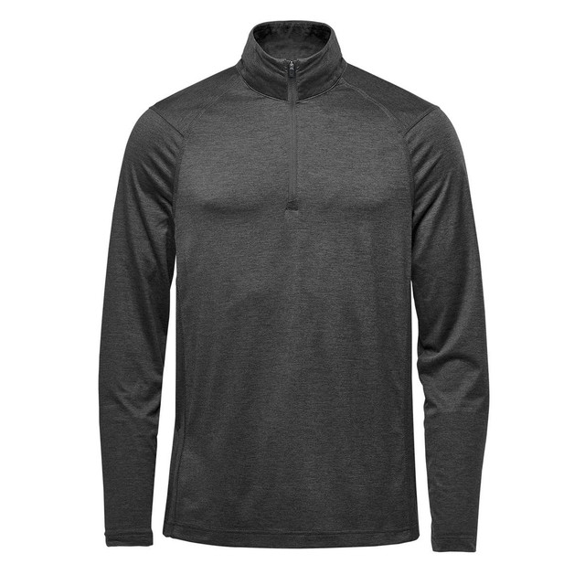 A men's Milano 1/4 zip pullover in dark grey, featuring long sleeves and a standing collar. It includes a logo.