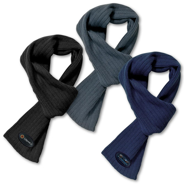 Three cable knit scarves in black, grey, and navy, featuring a logo on each.