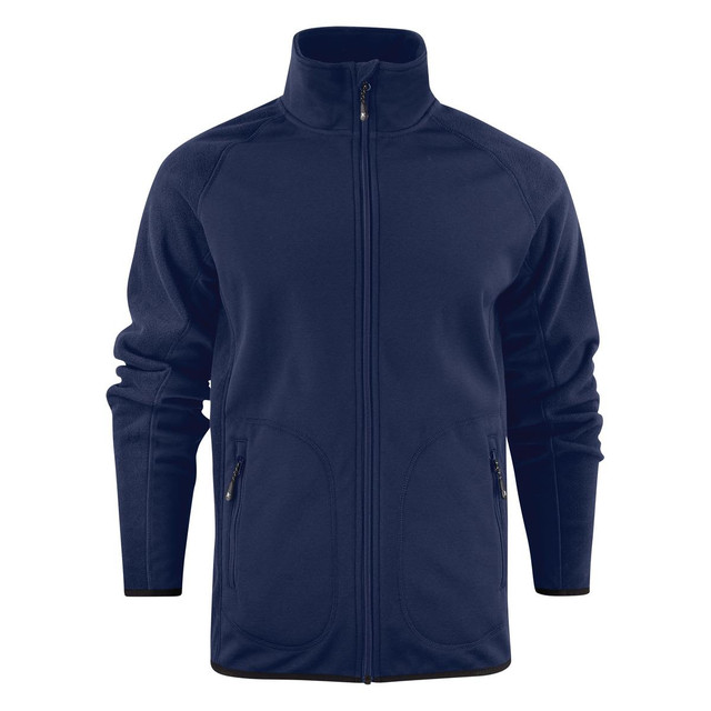 A navy softshell fleece hybrid jacket with a zip front and side pockets. Features a logo on the chest.