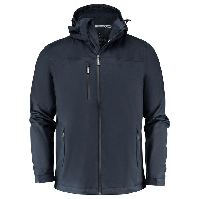 A dark blue rain jacket with a hood, featuring zippered pockets and a logo on the chest.