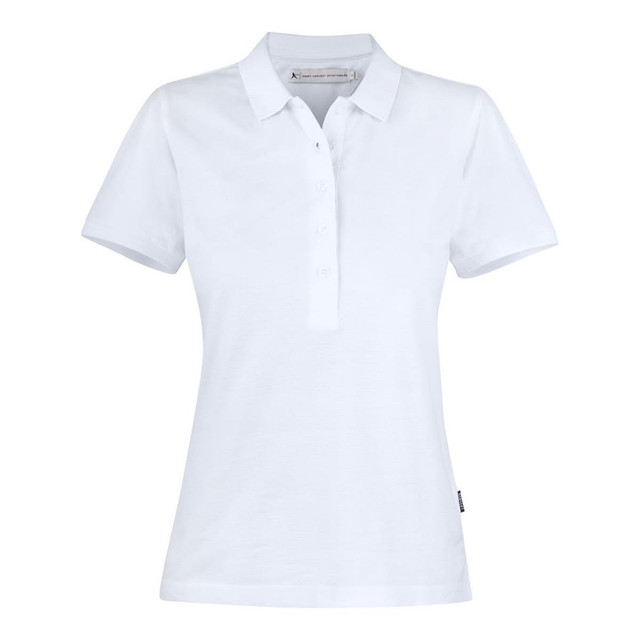 A white women's cotton polo shirt with a collar and buttoned placket, featuring a branded tag at the hem.