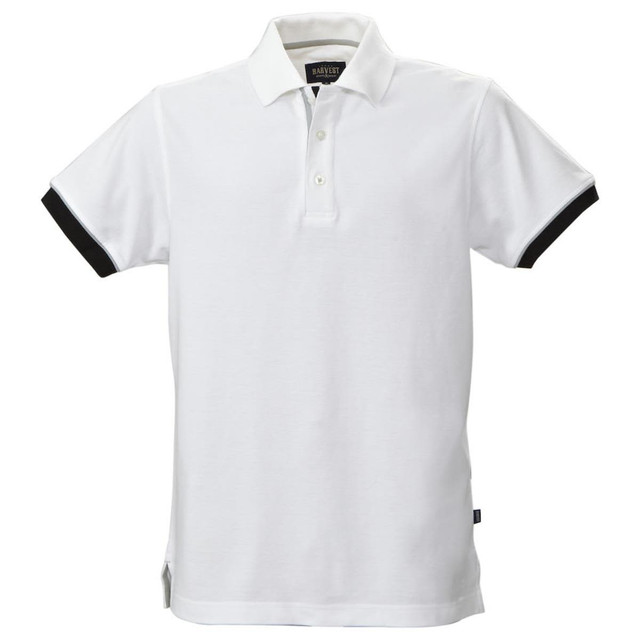 A white men's cotton polo shirt with black accents and a collar, featuring a branding logo.