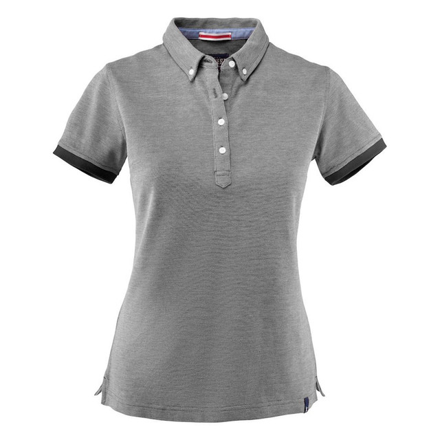 A grey women's cotton polo shirt featuring a button-up collar and contrasting sleeves, with a logo on the design.