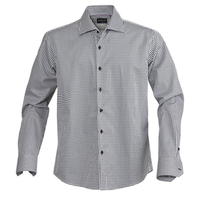 A button-up men's shirt featuring a black and white check pattern and long sleeves, with a logo on the collar.