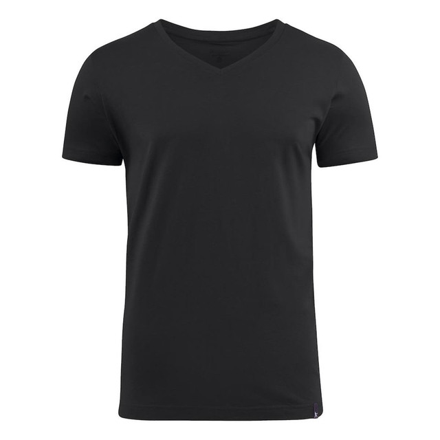 A black men's V-neck T-shirt featuring short sleeves and a logo on the hem.