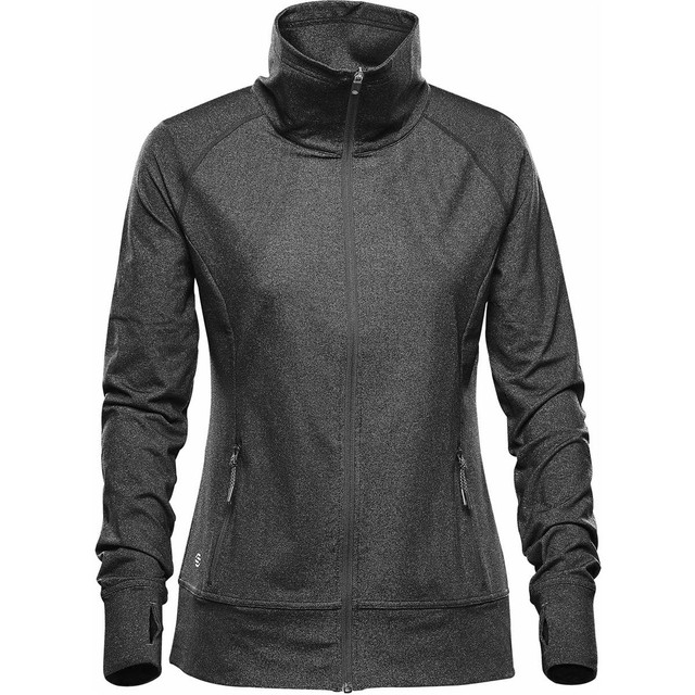 A women's jacket in black with a high collar and zip closure, featuring a logo on the sleeve.