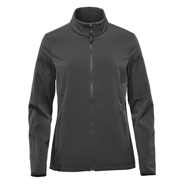 A dark green women's soft shell jacket with a full front zip and a high collar. It features a logo on the chest.