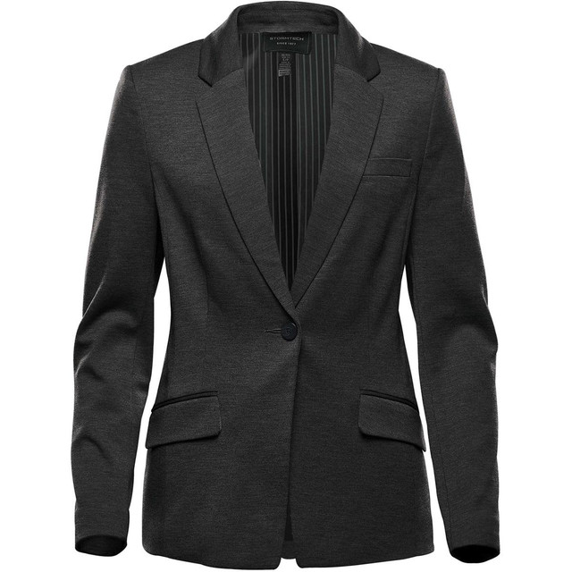 A women's black knit blazer with a single button and striped interior, featuring two front pockets and a lapel collar.
