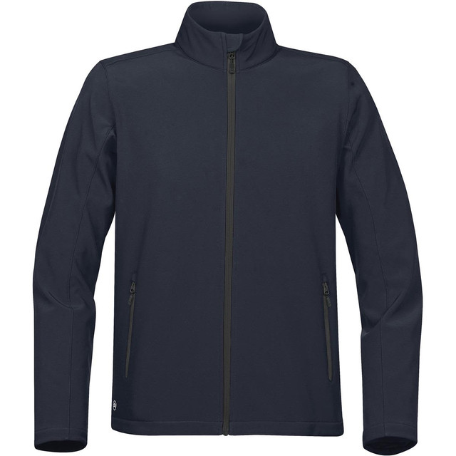 A dark navy softshell jacket with a full zip and two zipped pockets, featuring a logo.