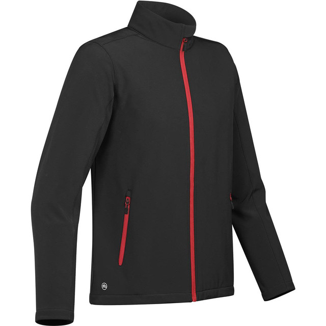 A black softshell jacket with red zippers, featuring a high collar and side pockets. It has a logo on the lower part.