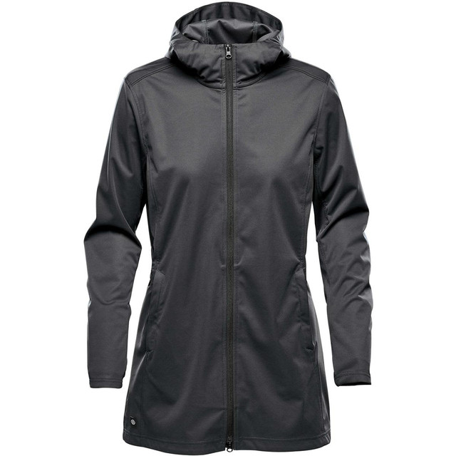 A women's softshell jacket in black, featuring a hood and zip closure, with side pockets and a logo.