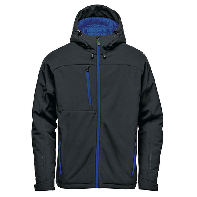 A black insulated softshell jacket with a blue interior and zippers, featuring a logo on the chest.