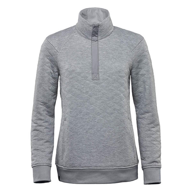 A grey women's thermal 1/4 zip pullover with a collar and ribbed hem, featuring a logo.