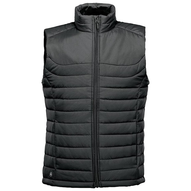 A men's quilted vest in dark grey with a high collar and front zip, featuring a logo on the lower side.