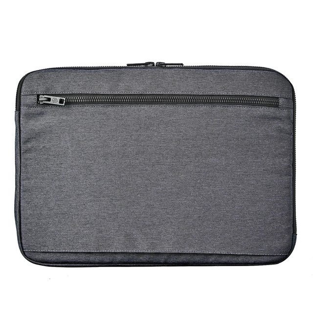 A grey laptop sleeve with a zippered compartment, designed for a 16-inch laptop. It features a textured fabric and branding.