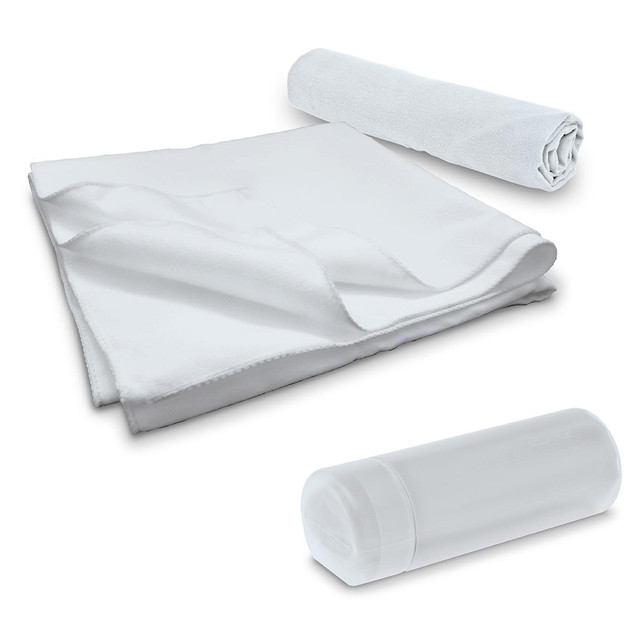 A white sports towel and a white container, featuring a logo, laid out separately.