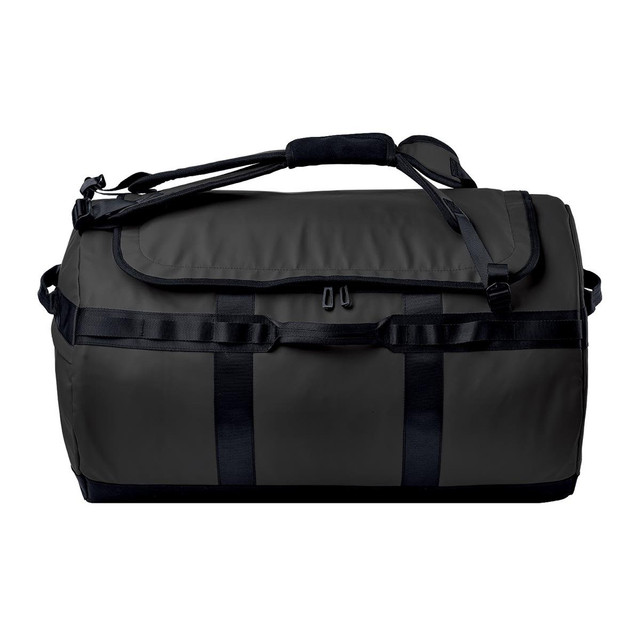 A black duffle bag with a padded shoulder strap and carrying handles, featuring a logo on the side.