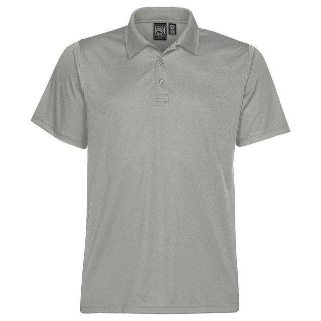 A light grey men's polo shirt with a classic collar, three buttons, and a logo on the label.